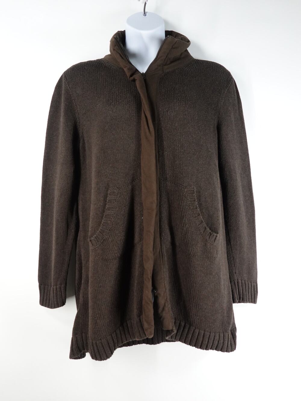 Eileen Fisher Women Sweater L Brown Long Knit Cardigan Zip Organic Cotton